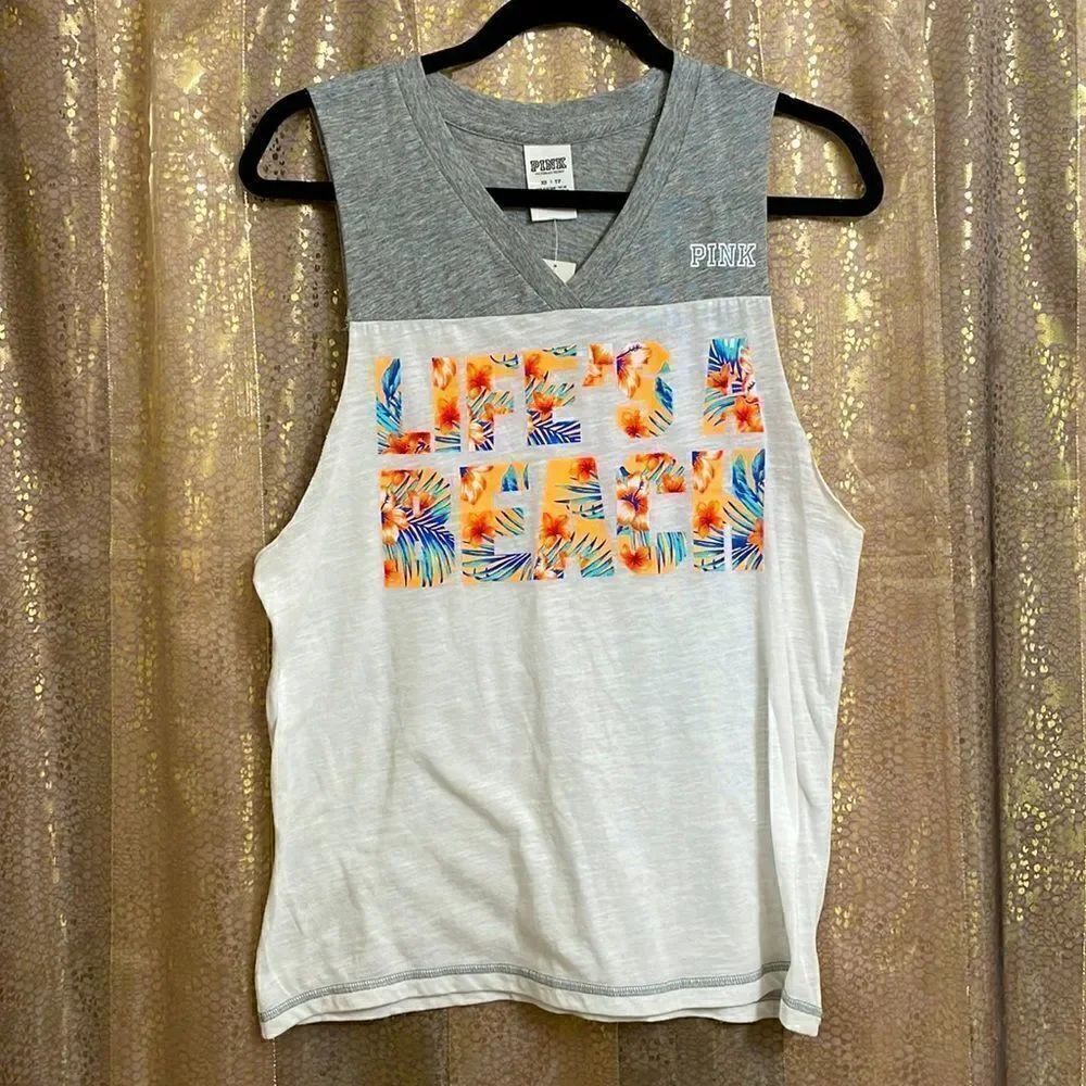 PINK Victoria’s Secret “Life’s a beach” white/gray tanktop, NWT, XS‎